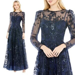 Mac Duggal 50664 Size 18 Blue Embroidered Long Sleeve High Neck Maxi Dress Gown